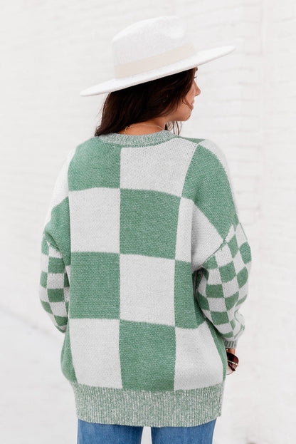 Checkered Print Drop Shoulder Sweater - Sweaters & Cardigans - Sunny Angela