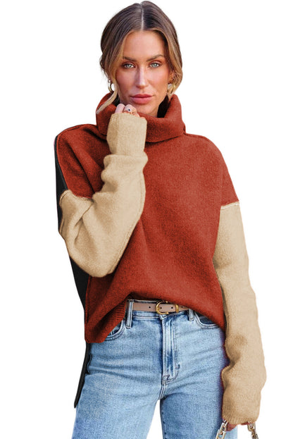 Color Block Turtle Neck Drop Shoulder Knit Sweater - Sweaters & Cardigans - Sunny Angela