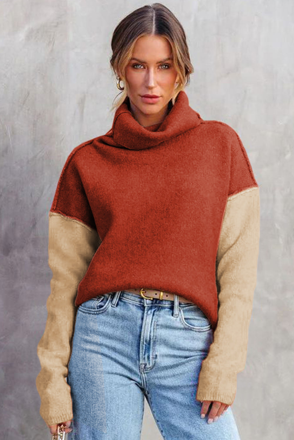 Color Block Turtle Neck Drop Shoulder Knit Sweater - Sweaters & Cardigans - Sunny Angela