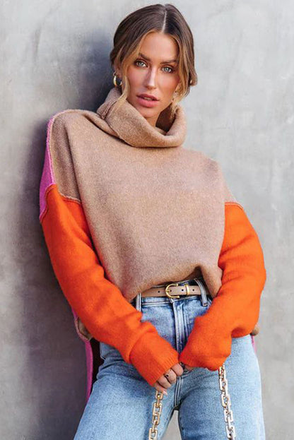 Color Block Turtle Neck Drop Shoulder Knit Sweater - Sweaters & Cardigans - Sunny Angela