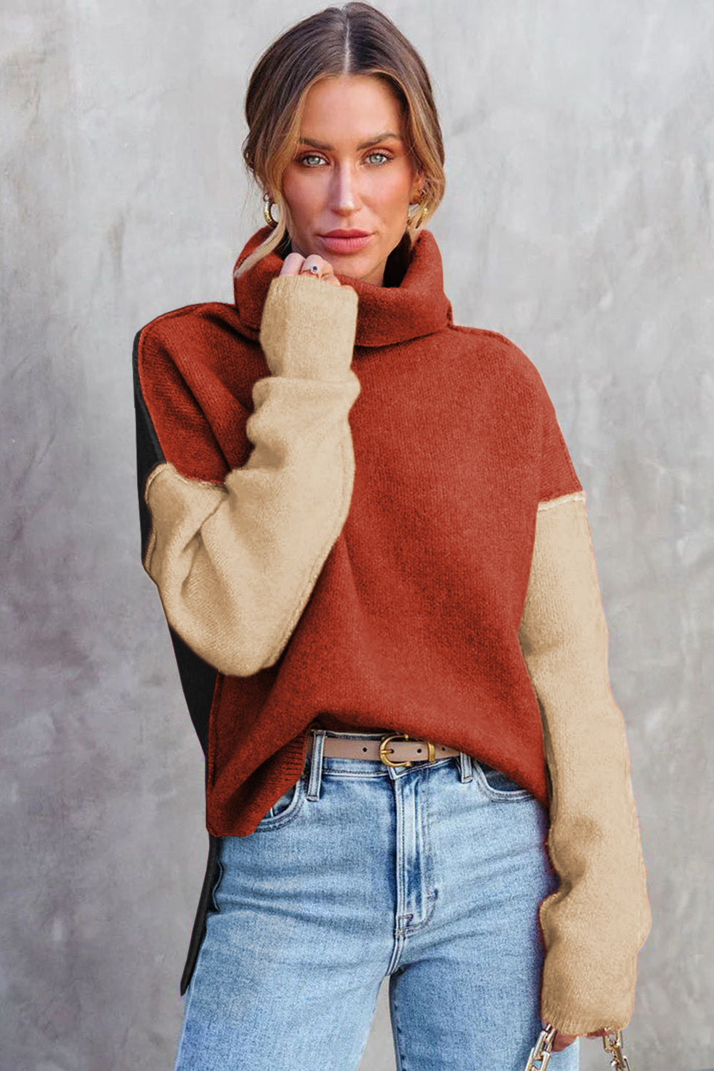 Color Block Turtle Neck Drop Shoulder Knit Sweater - Sweaters & Cardigans - Sunny Angela