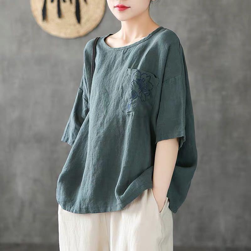 Cotton Linen T-Shirt Short Loose Sleeves