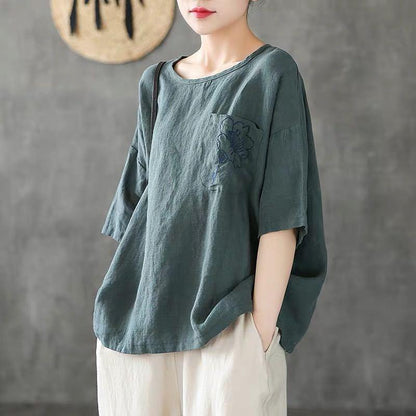 Cotton Linen T-Shirt Short Loose Sleeves