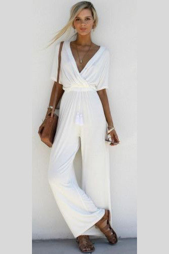 Pure Color V-neck Half Sleeves Loose Long Jumpsuit