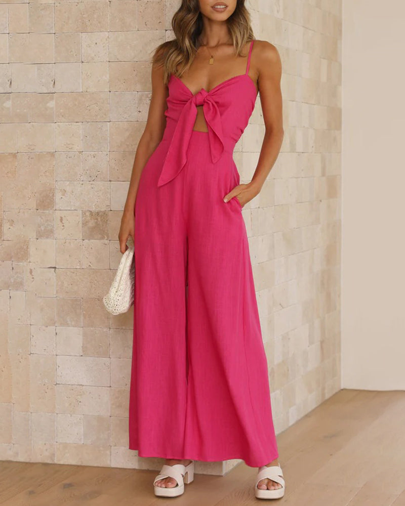 Ruffle Straps Crisscross Back Knot Front Slip Jumpsuit