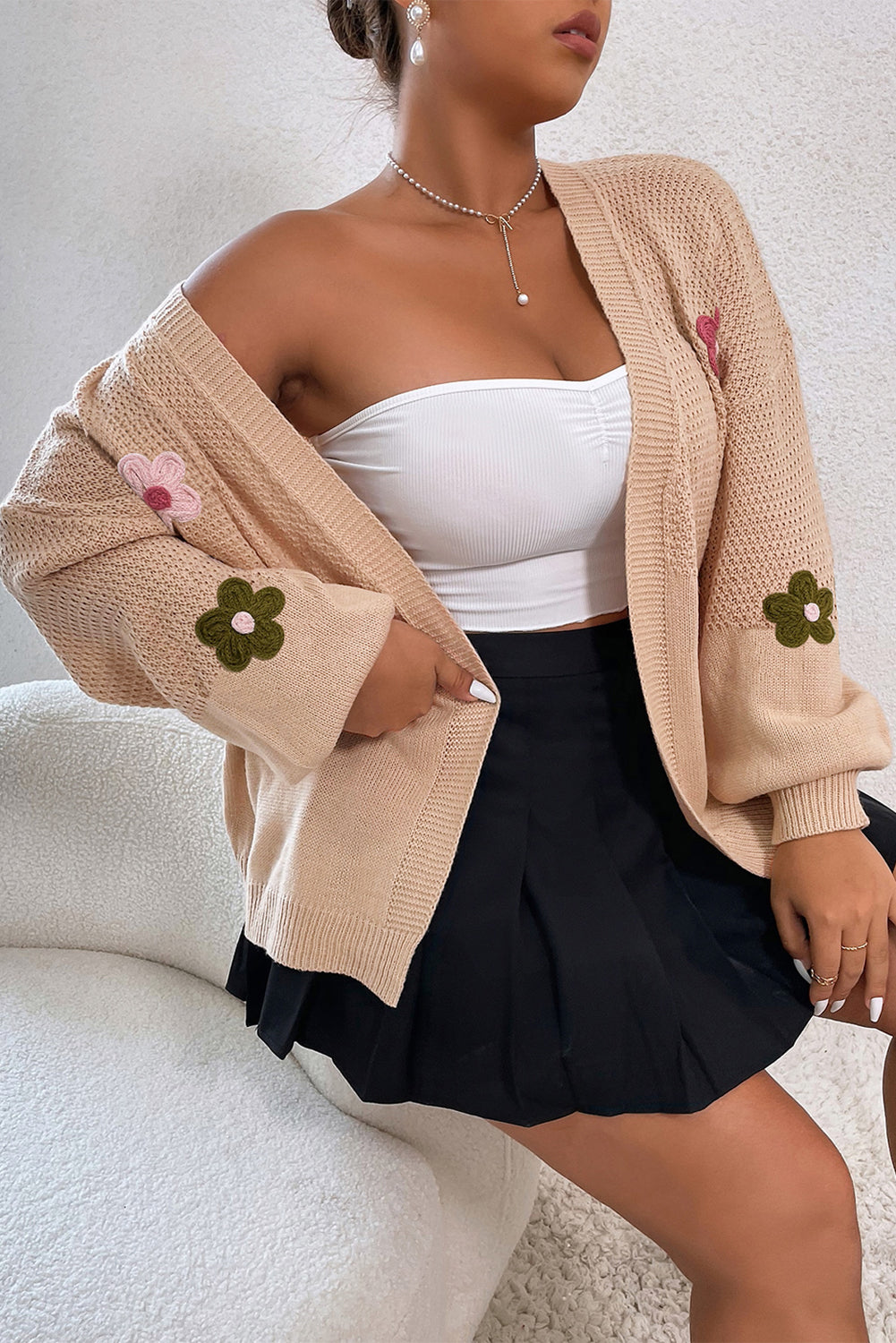 Floral Applique Drop Shoulder Bubble Sleeve Cardigan - Sweaters & Cardigans - Sunny Angela