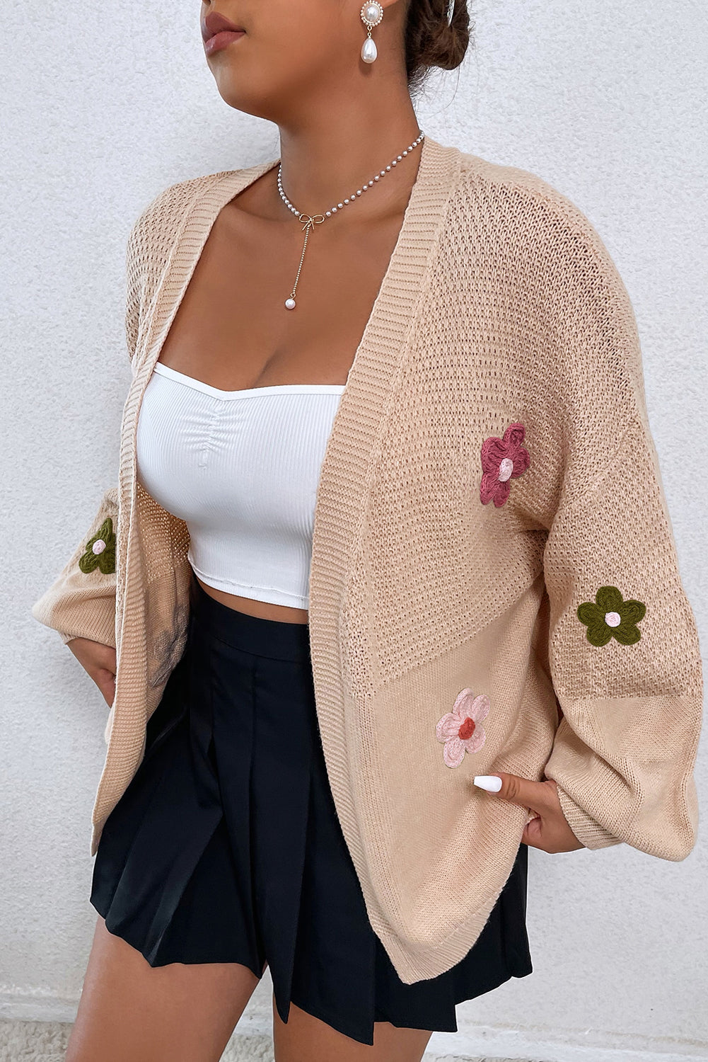 Floral Applique Drop Shoulder Bubble Sleeve Cardigan - Sweaters & Cardigans - Sunny Angela