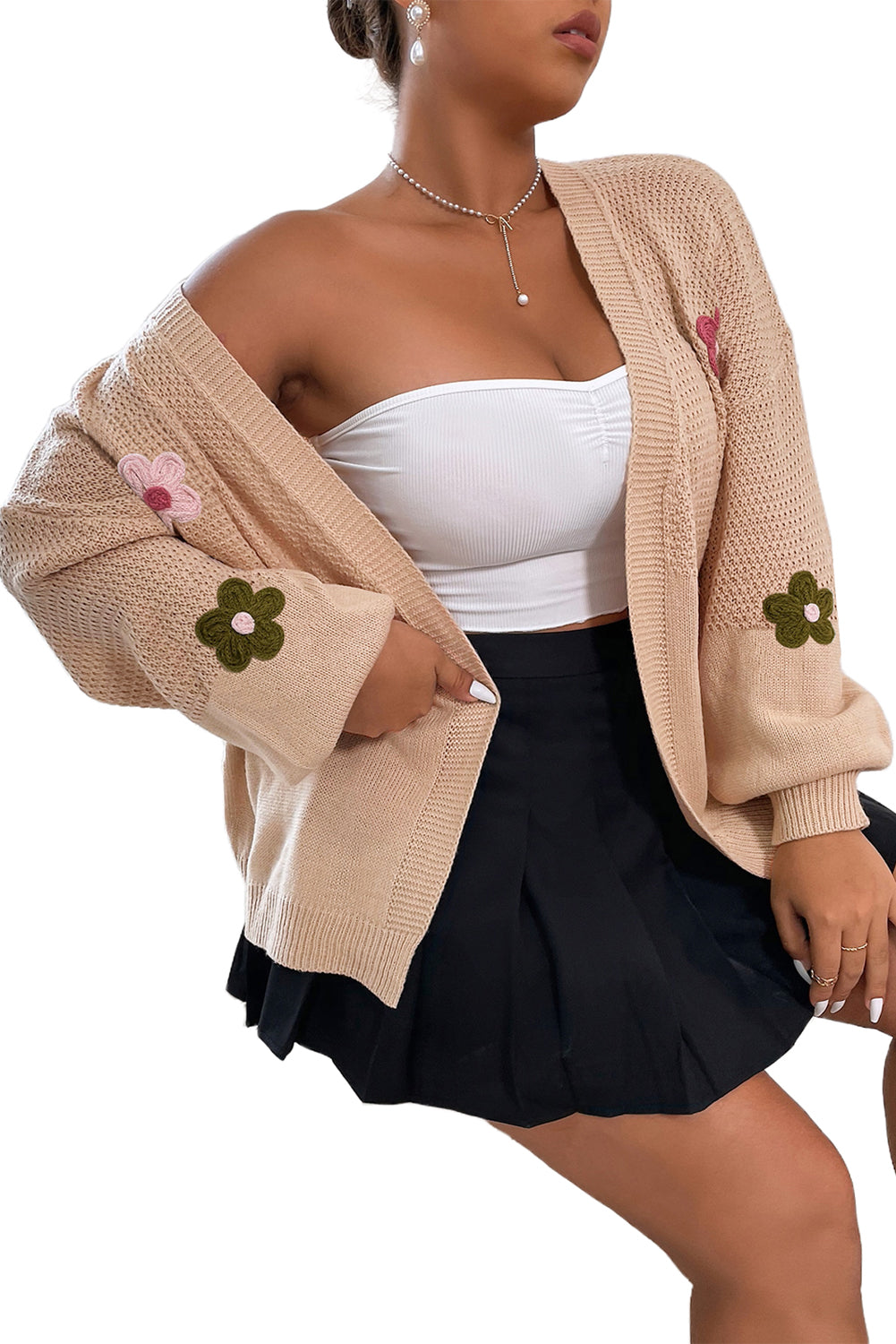 Floral Applique Drop Shoulder Bubble Sleeve Cardigan - Sweaters & Cardigans - Sunny Angela