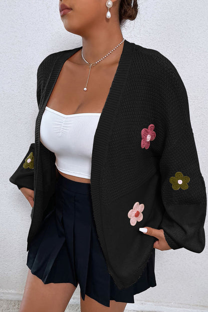 Floral Applique Drop Shoulder Bubble Sleeve Cardigan - Sweaters & Cardigans - Sunny Angela