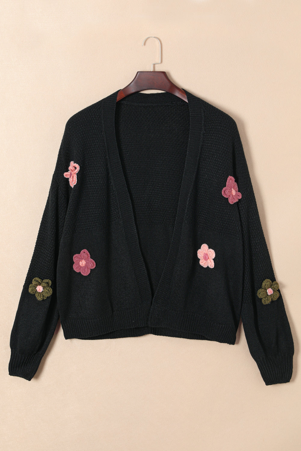 Floral Applique Drop Shoulder Bubble Sleeve Cardigan - Sweaters & Cardigans - Sunny Angela