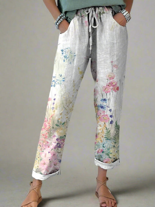 Women’s Vintage Botanical Floral Printed Cotton And Linen Casual Pants