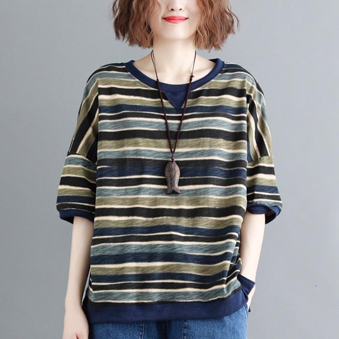 Plus Size Loose Thin Stripe Casual Cotton T-Shirt