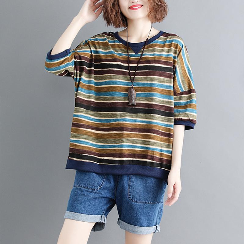 Plus Size Loose Thin Stripe Casual Cotton T-Shirt