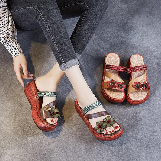 Retro Casual Handmade Leather Floral Platform Sandals