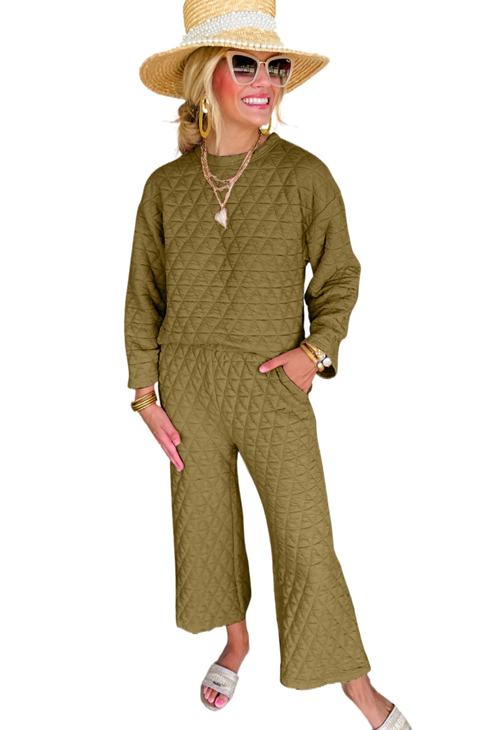 Solid Quilted Pullover and Pants Outfit - Two Piece Sets - Sunny Angela