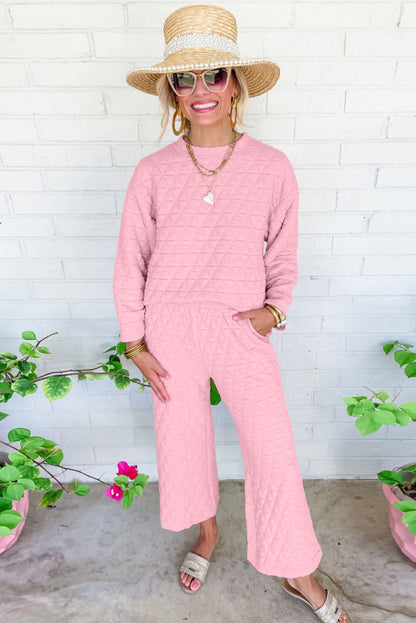 Solid Quilted Pullover and Pants Outfit - Two Piece Sets - Sunny Angela