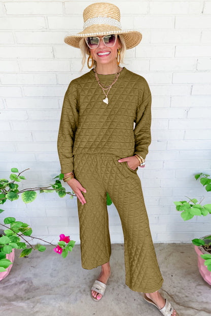 Solid Quilted Pullover and Pants Outfit - Two Piece Sets - Sunny Angela