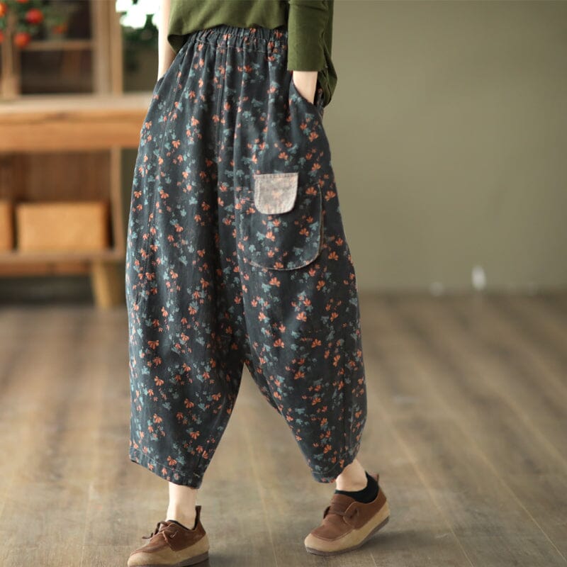 Spring Retro Loose Floral Linen Harem Pants