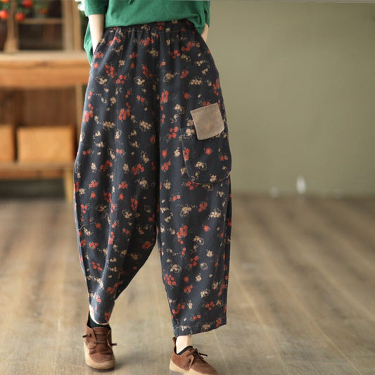 Spring Retro Loose Floral Linen Harem Pants