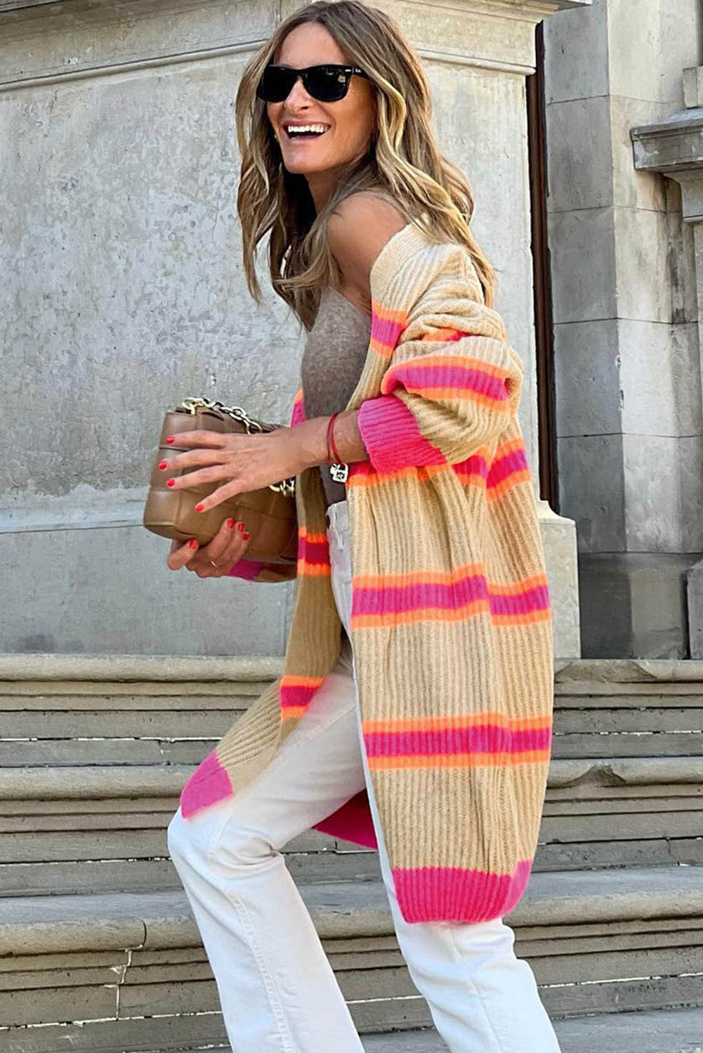 Stripe Printed Ribbed Long Knitted Cardigan - Sweaters & Cardigans - Sunny Angela