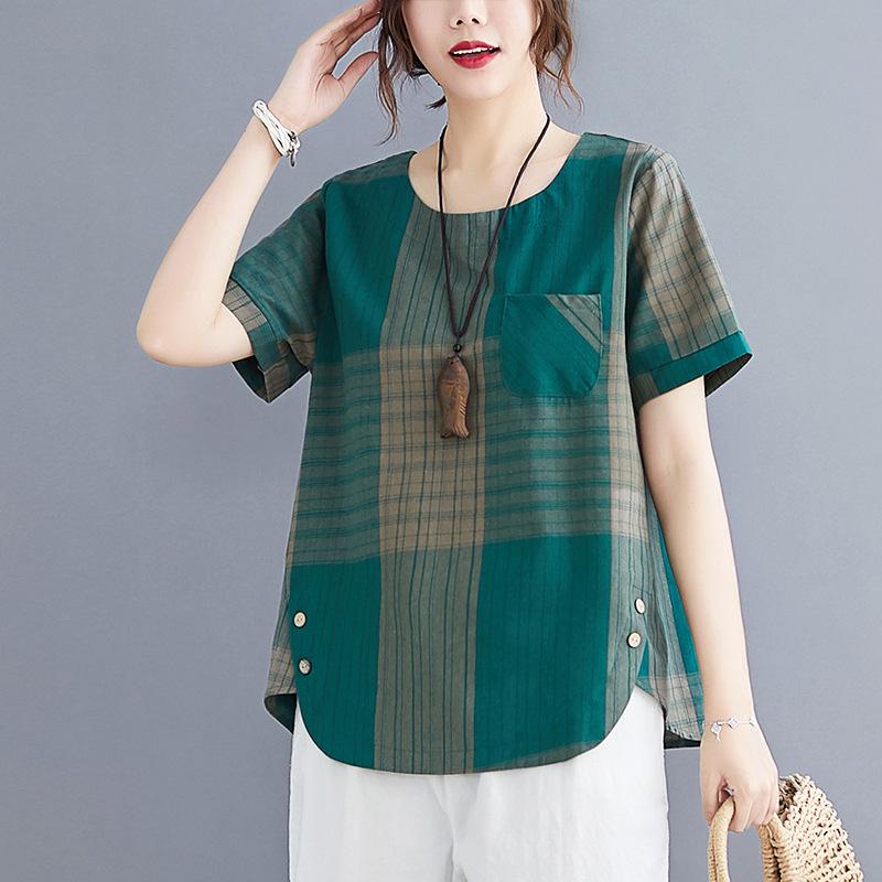 Striped Cotton And Linen T-shirt Loose Round Neck Top