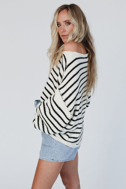 Striped Drop Shoulder Oversized Sweater - Sweaters & Cardigans - Sunny Angela