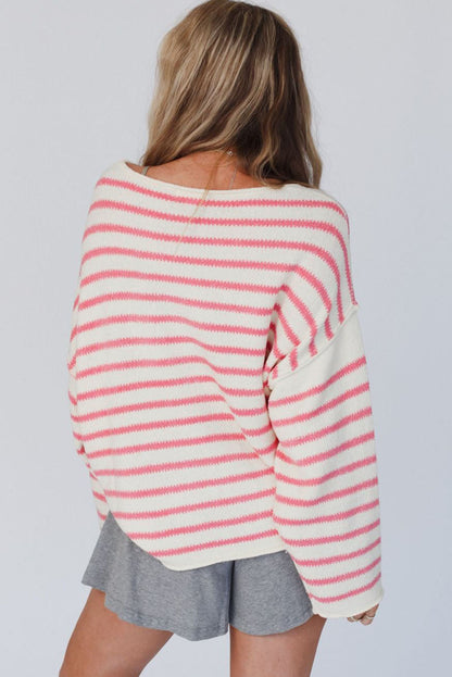 Striped Drop Shoulder Oversized Sweater - Sweaters & Cardigans - Sunny Angela