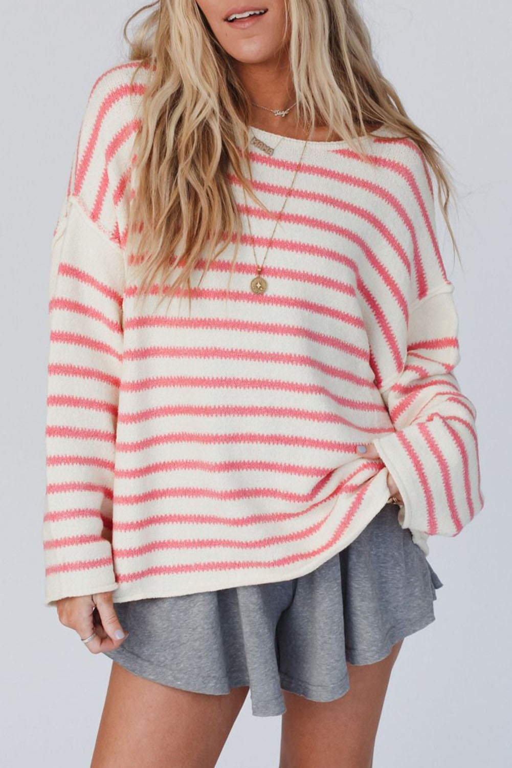 Striped Drop Shoulder Oversized Sweater - Sweaters & Cardigans - Sunny Angela