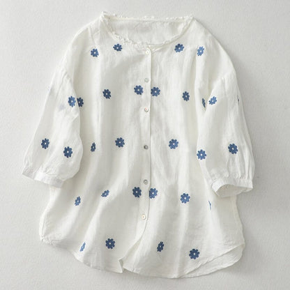 Summer Cotton Linen Floral Embroidery Casual Blouse