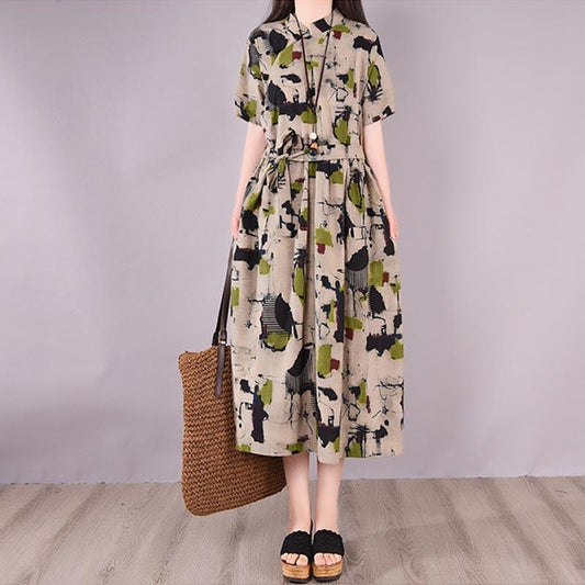 Summer Retro Printed Loose Plus Size Cotton Dress