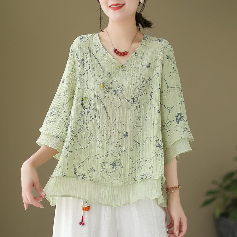 Summer Retro Print Loose Linen Blouse