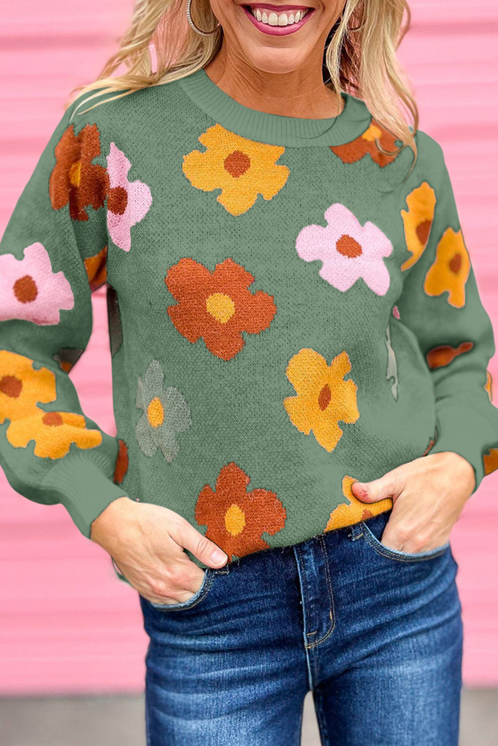 Sweet Flower Knitted Ribbed Hem Sweater - Sweaters & Cardigans - Sunny Angela