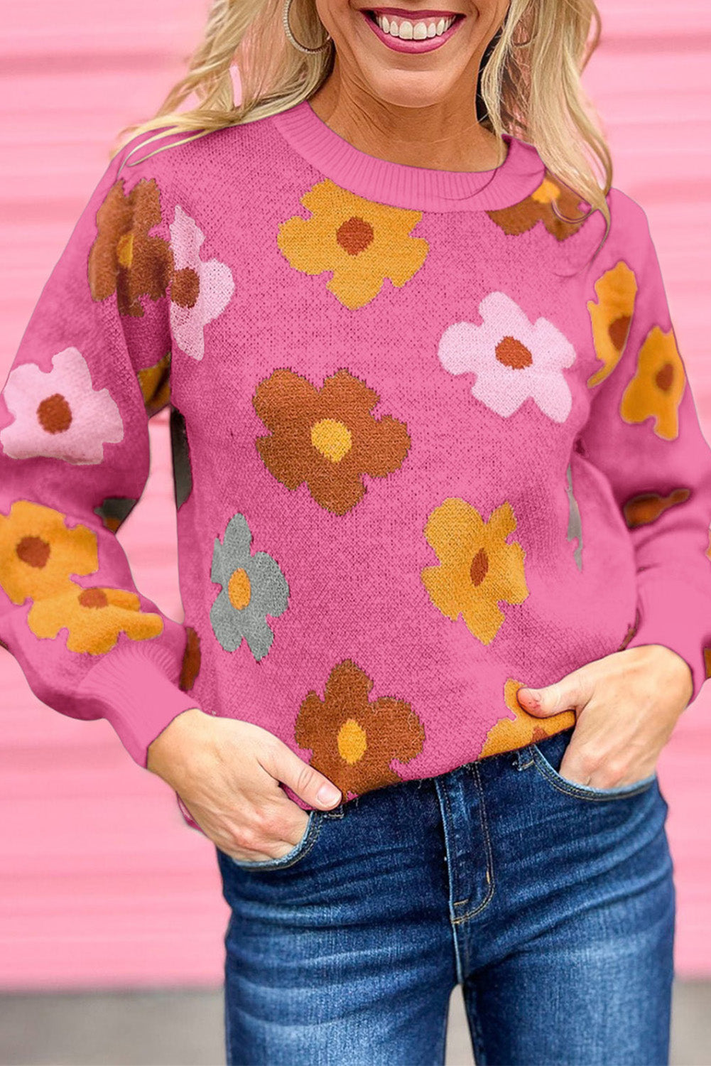 Sweet Flower Knitted Ribbed Hem Sweater - Sweaters & Cardigans - Sunny Angela