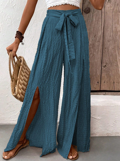 The802Gypsy Bottoms/Pants & Culotte GYPSY-Tied Slit Wide Leg Trouser Pants