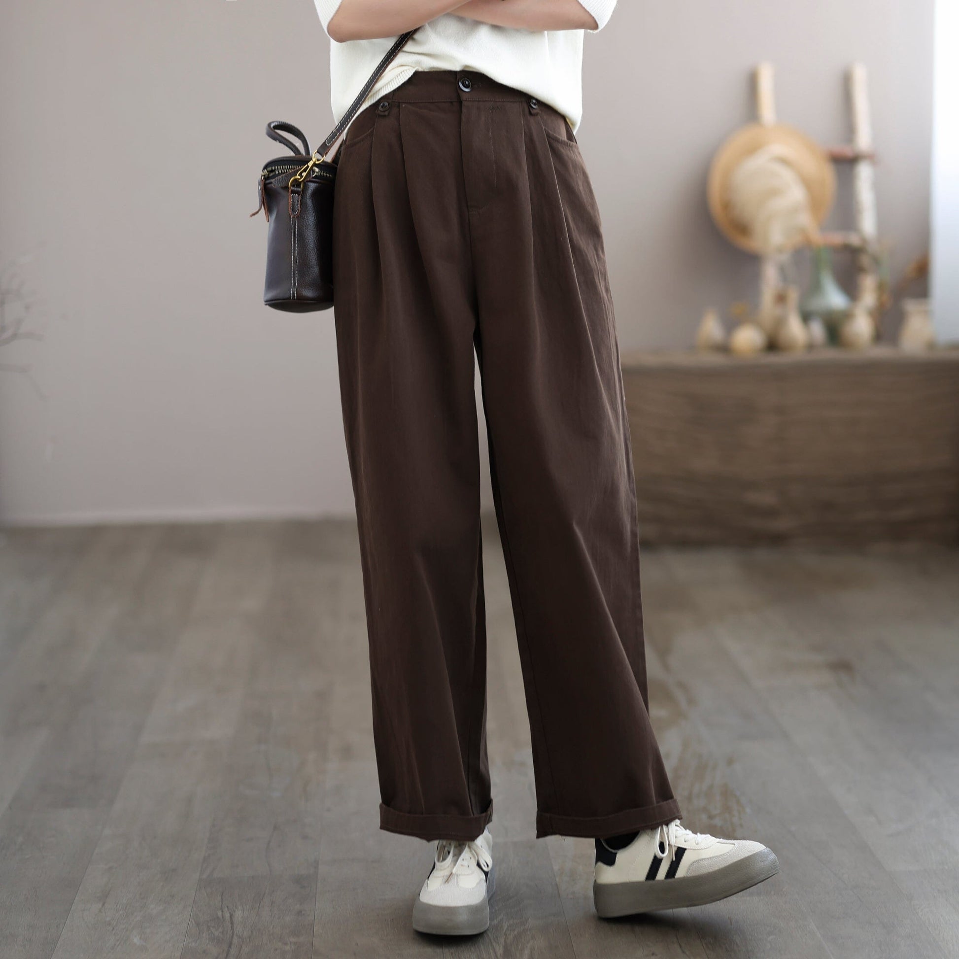 Women Casual Solid Minimalist Cotton Wide Leg Pants