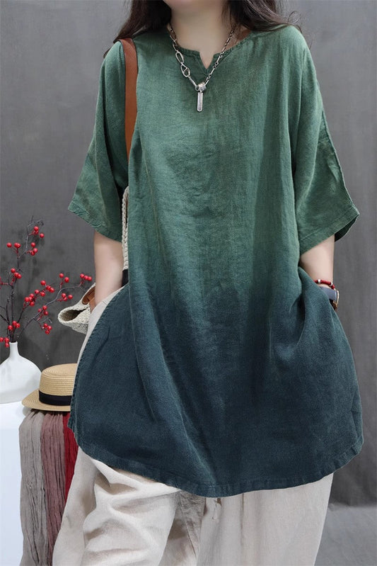 Women Distressed Gradient Slit Cotton Mid-Length Blouse