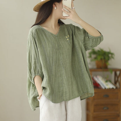 Women Retro Textured Embroidered Loose V- Neck Blouse