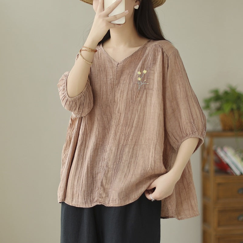 Women Retro Textured Embroidered Loose V- Neck Blouse