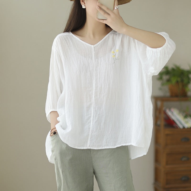 Women Retro Textured Embroidered Loose V- Neck Blouse