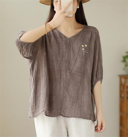 Women Retro Textured Embroidered Loose V- Neck Blouse