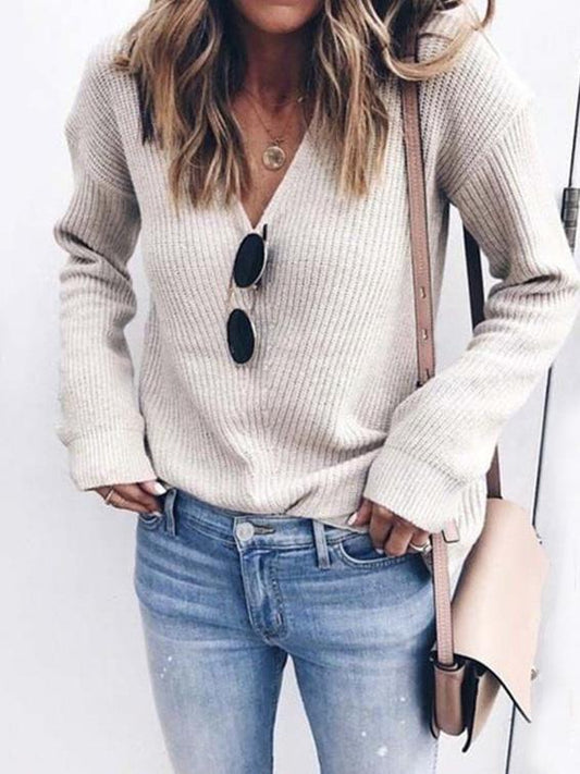 Women's Sweaters Fashion Simple V-Neck Knitted Sweater