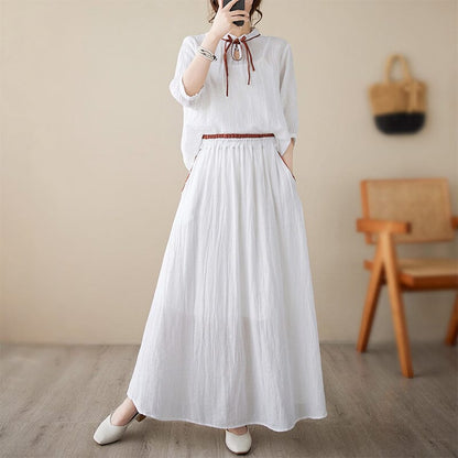 Women Summer Retro Casual Linen Top Skirt Set