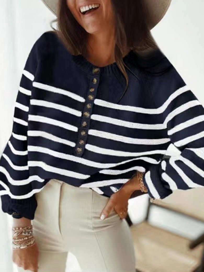 Women's Sweaters Fashion Striped Round Neck Button Sweater - Cardigans & Sweaters - INS | Online Fashion Free Shipping Clothing, Dresses, Tops, Shoes - 03/11/2021 - 30-40 - Cardigans & Sweaters